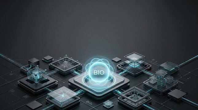Futuristic biotechnology interface with glowing bio core node on dark motherboard, digital health network.