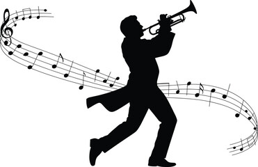 Dynamic silhouette of a male trumpet player performing music with flowing musical notes jazz musician in suit with musical symbols musician silhouette performance instrument entertainment © MstAsmaAkter