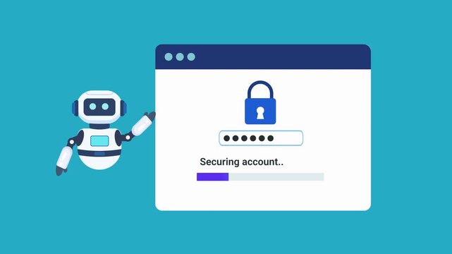 Animated robot assistant presenting an account security interface with lock icon, password field, and progress indicator. Looping motion graphic ideal for cybersecurity and user authentication concept