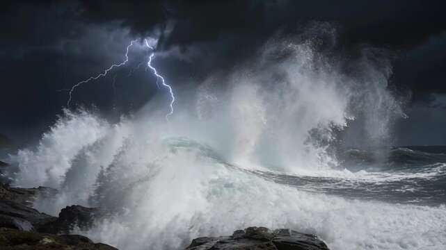 Lightning striking, towering ocean wave curling and exploding toward rocky shore, pounding rocks