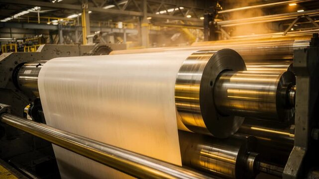 Medium shot of a paper machine drying section featuring steamheated cylinders with a warm amber glow reflecting off the rotating drums and pulsing paper web