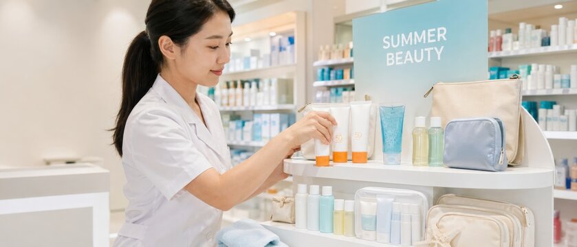 Woman arranging skincare products on shelf at a beauty store for summer sale