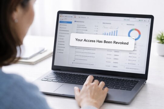 Laptop screen showing your access has been revoked message, job cuts concept