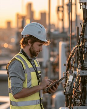 Reflectivevested technician inspects massive MIMO antenna on crowded telecom rooftop using tablet and signal meter with soft goldenhour light and blurred cityscape background