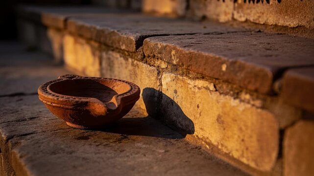 Pulling camera closer by sun, clay oil lamp on stone steps showing shadow, copy space