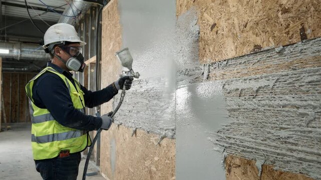 Medium shot of a worker applying fireresistant coatings to reconstituted panels enhancing their durability and fire performance for safer building interiors
