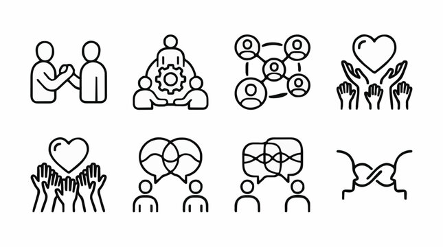 Social connection and collaborative teamwork line icon collection