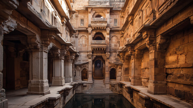 Ornate sandstone stepwell interior with carved pillars balconies and arches around still green water glowing in warm late afternoon light