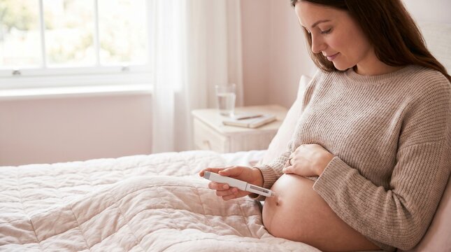 Calm pregnant woman sitting on bed injecting insulin into her belly using a medical pen. Gestational diabetes, IVF fertility treatment, or healthcare concept
