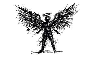 Naklejka premium Angel silhouette outline with scribble wings and halo
