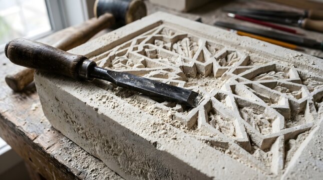 Horizontal close-up of a chisel resting on a block of soft cream limestone, showing a partially carved, intricate geometric relief pattern covered in fine stone dust, sharp side-lighting.