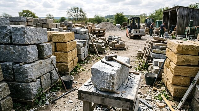 Wide horizontal shot of rough, hand-cut blocks of grey granite and yellow sandstone stacked in an outdoor yard, with a hammer and chisel resting on a half-finished stone block.