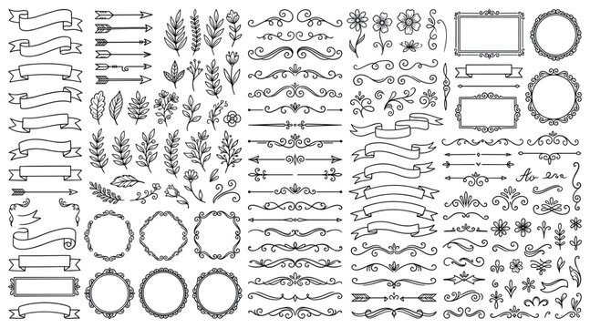 Big collection of decorative elements: banners, arrows, leaves, flowers, flourishes
