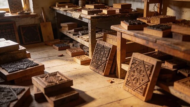 Panning camera forward-right, showing carved blocks, panels in woodshop, sunlight emphasizing grain
