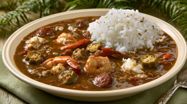 vibrant seafood gumbo with rich dark roux
