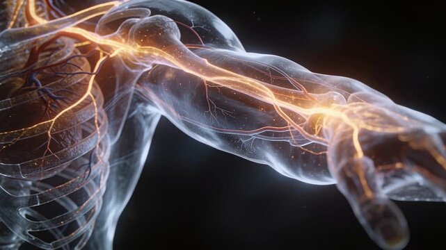 Lighting intensifying CGI torso, right arm pulsing neural paths to fingers in dark void for study