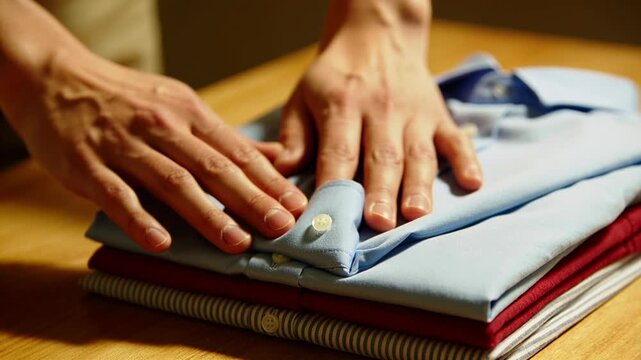 Buttoning hands aligning cuff at home pushing button through cuff tidying blue burgundy stack