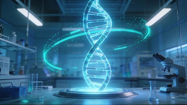 Rising hologram DNA helix stabilizing from pulsing projection base at lab bench for research