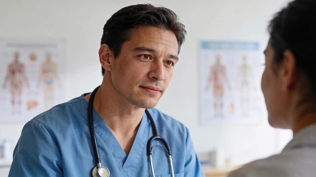 Smiling clinician in blue scrubs explaining results at clinic after visit start, with stethoscope