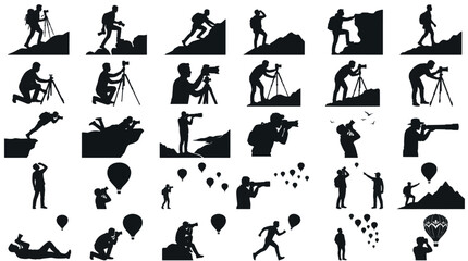 Obraz premium Balloon Photography Expedition Silhouettes Sets Pack, Editable Vectors Strokes Illustrations. containing photographer, silhouette, camera, photography and mores Hot Air Balloon Festivals silhouettes