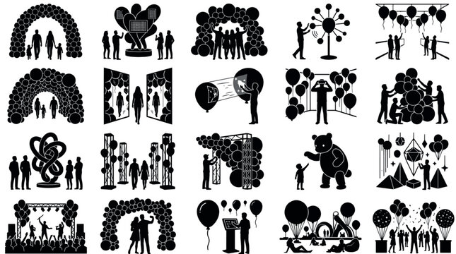 Balloon Art Installation Festival Silhouettes Sets Pack, Editable Vectors Strokes Illustrations. containing silhouette, balloon, arch, event, party and mores Hot Air Balloon Festivals silhouettes