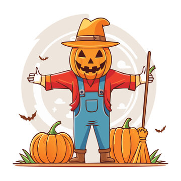 Cartoon pumpkin scarecrow with broom and pumpkins