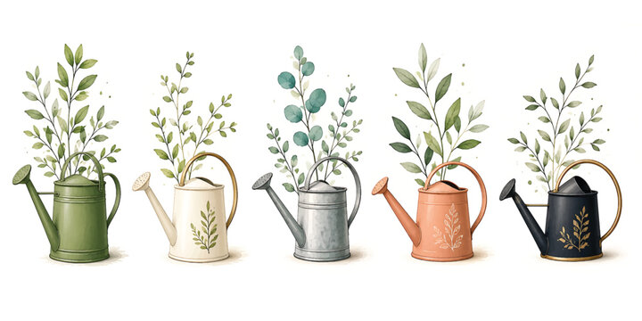Fresh green plants and rosemary herbs sprout from decorative gardening boots and classic flowerpots to bring a touch of nature and life into the home