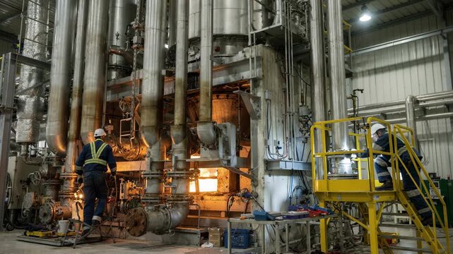Medium shot of a hydrogen production reformer under maintenance featuring workers inspecting reactors and furnace components highlighting technical upkeep and operational care