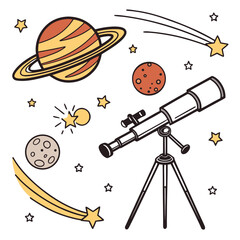 Fun space collection with planets telescope stars comets and moon for astronomy adventures and science learning vector art. © Sirajum