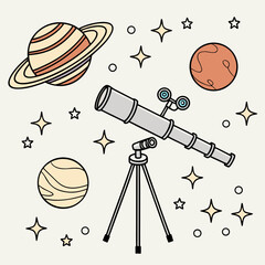 Cosmic elements set with planet saturn telescope stars and other planets on light background doodle style vector illustration. © Sirajum