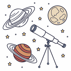 Cosmic elements set with planet saturn telescope stars and moon like objects on white background doodle style vector illustration. © Sirajum