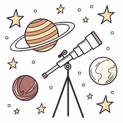 Space exploration vector illustration featuring hand drawn telescope planets stars and ringed saturn for astronomy educational project background. © Sirajum