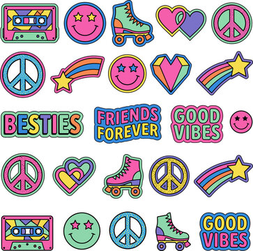 Colorful stickers with peace signs and good vibes messages and roller skates on white
