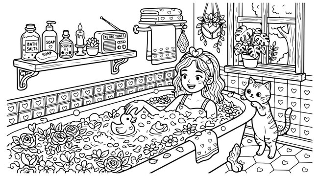Coloring Book Page, Relaxing Bubble Bath with a Cat