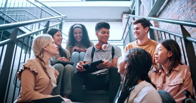 Conversation, tablet and group of students at university for tips on studying for test, exam or quiz. Discussion, digital technology and people on stairs for research on college assignment at campus.