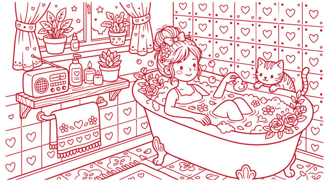 Coloring Book Page, Relaxing Bubble Bath with a Cat