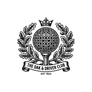 The Oak and Driver Club Golf Tee Crest with Crown and Oak Leaves - Vintage Black and White Vector Emblem