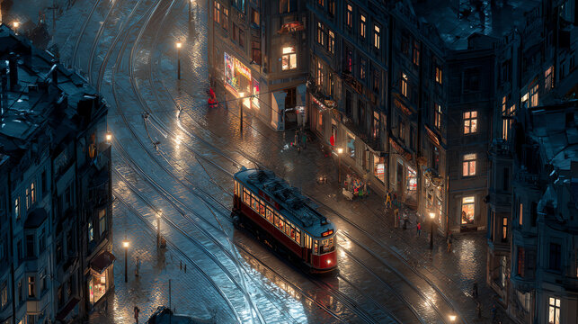 Overhead view of a red tram curving along glistening rails through a rain-soaked old city at night with warm glowing windows
