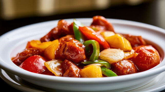 transparent food photography of thai sweet and sour pork pad prew wa