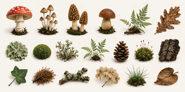 A collection of isolated pine cones and evergreen branches arranged as a festive Christmas holiday decoration for winter season celebrations