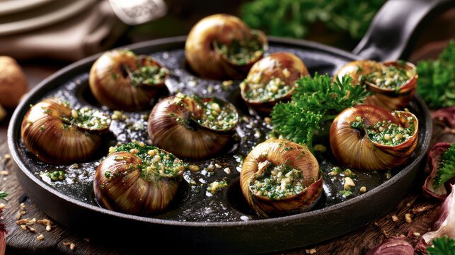 transparent food photography of baked french escargot in gourmet presentation