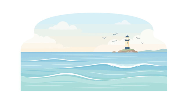Lighthouse on a small island in the ocean with waves and birds flying
