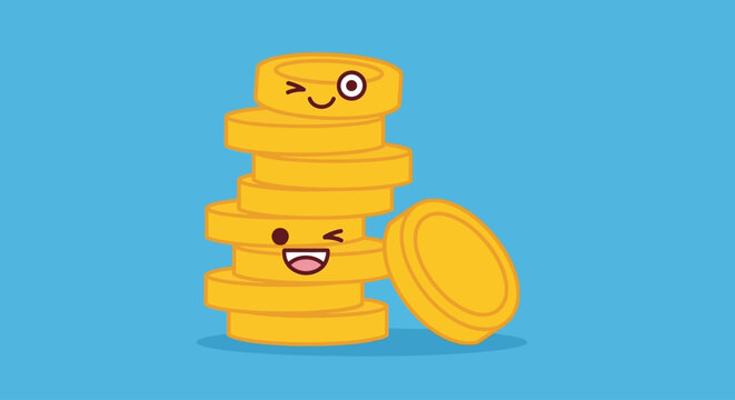 Cartoon Coin Stack with Expressive Faces on Blue Background