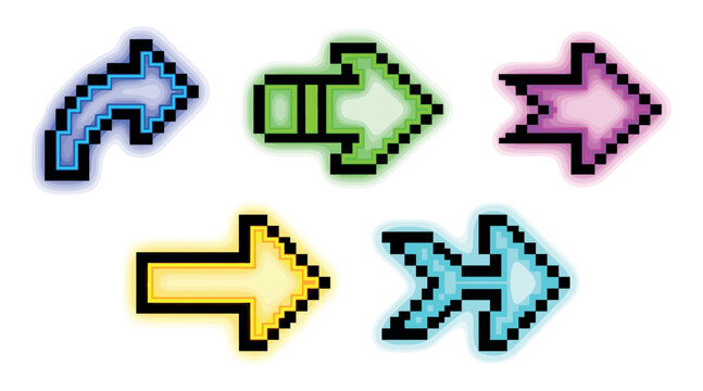 Colorful pixel art arrows glowing in different directions