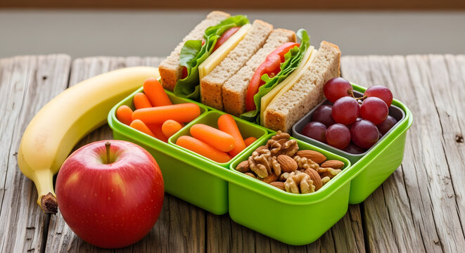 Healthy snack box with sandwich fruits and nuts