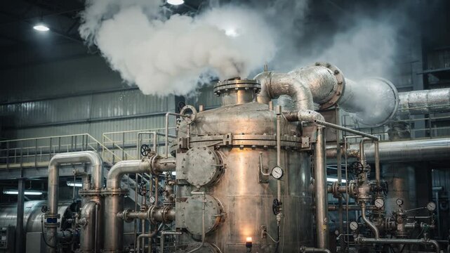 Medium shot of batch pulping digester releasing steam clouds as wood chips cook inside showcasing industrial chemical pulping process with detailed steam and machinery