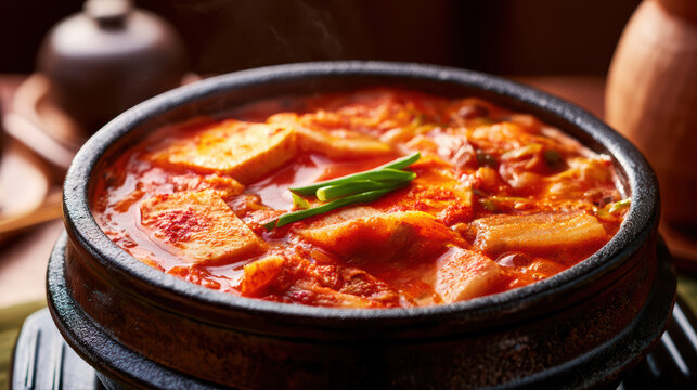 bubbling spicy korean kimchi jjigae in high fidelity