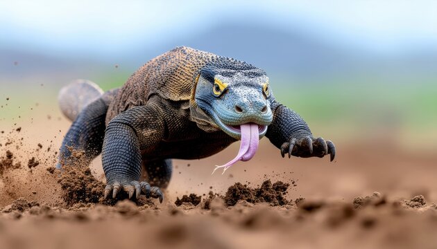 Powerful Komodo Dragon Strolling on the Ground with Tongue Out in Natural Habitat