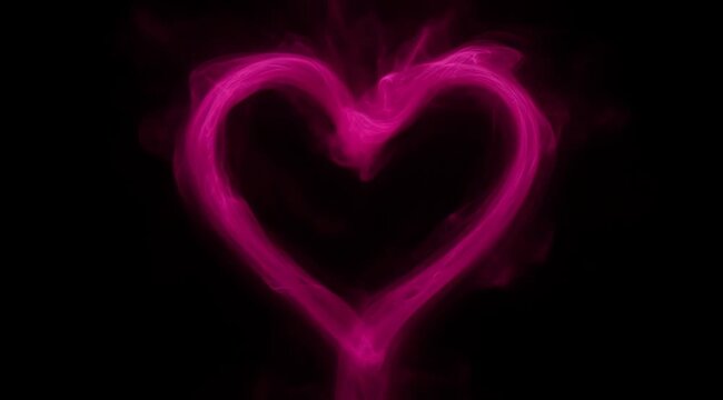 Vibrant Pink Smoke Forming a Glowing Heart Shape on a Dark Black Background with Subtle Sparkles and Ethereal Wisps
