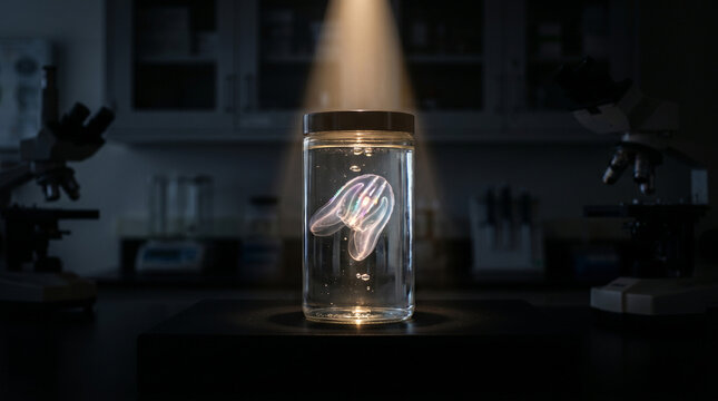 Translucent glowing jellyfish specimen inside laboratory glass jar